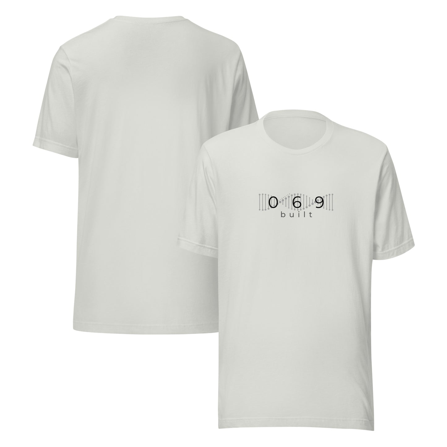Minimalistisches T-Shirt mit DNA-Strang, darüber "069", darunter "built" – Local Pride Frankfurt Design in sportlicher Optik