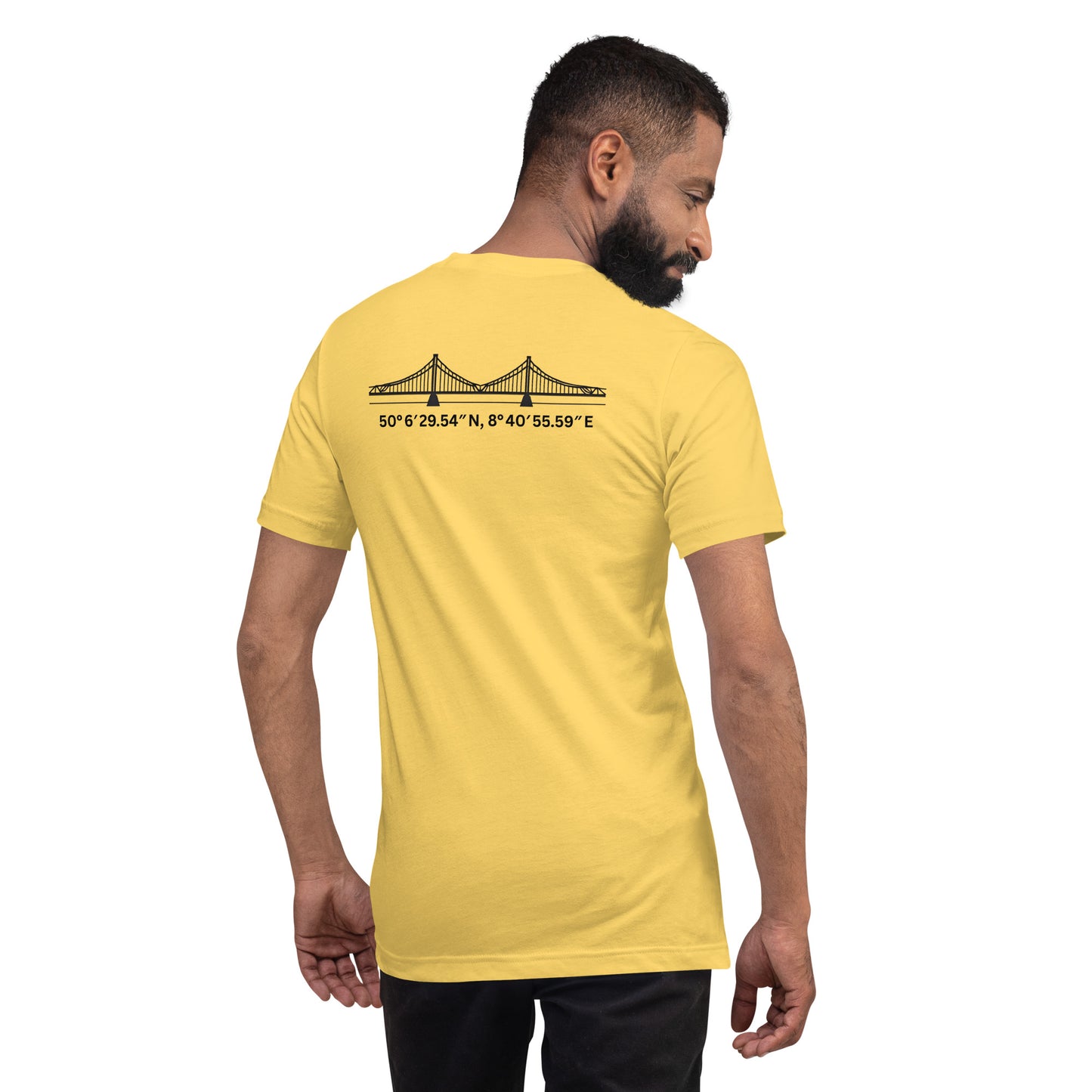 T-Shirt Eiserner Steg Rückansicht – Stadtteilname und Koordinaten als hochwertiger Backprint